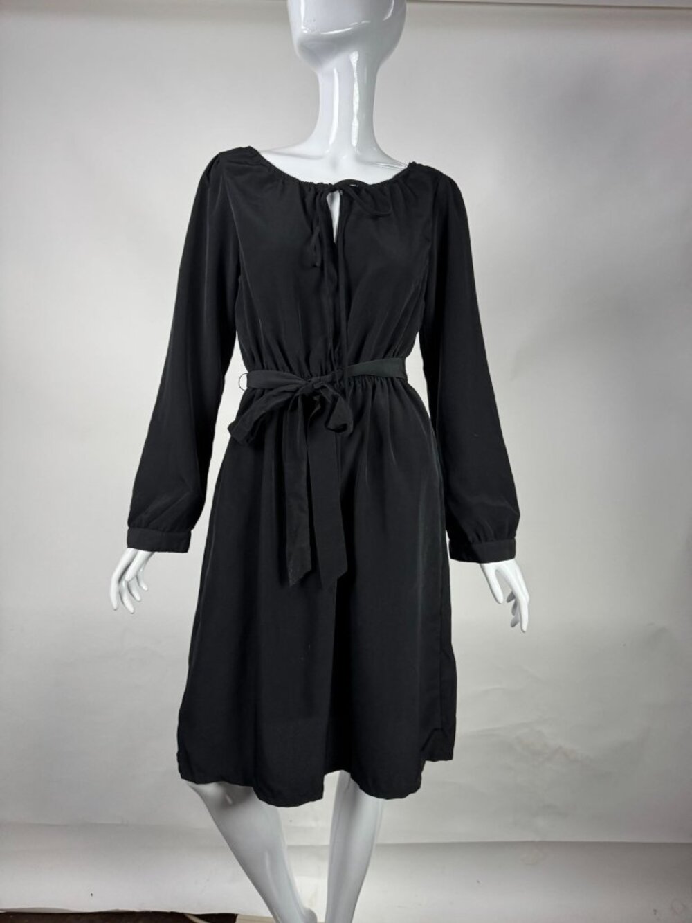 Mossimo Black Long-Sleeve Dress With Tie-Waist Belt & Keyhole Neckline